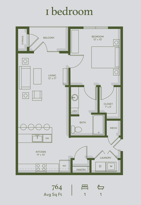 Floor plan for 1 bed, 1 bath, 764 sqft